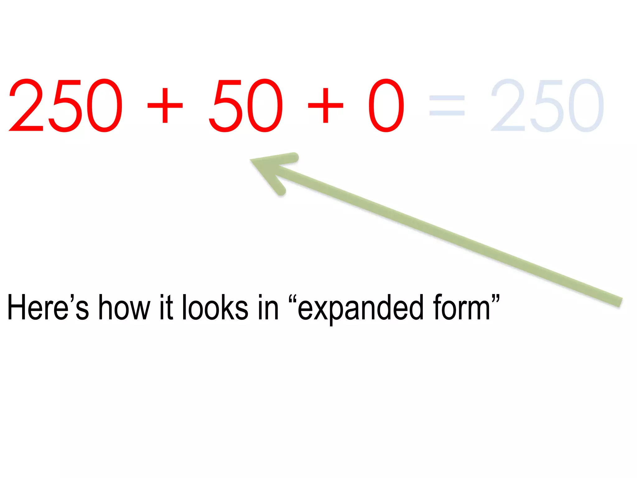 250 + 50 + 0 = 250Here’s how it looks in “expanded form” 