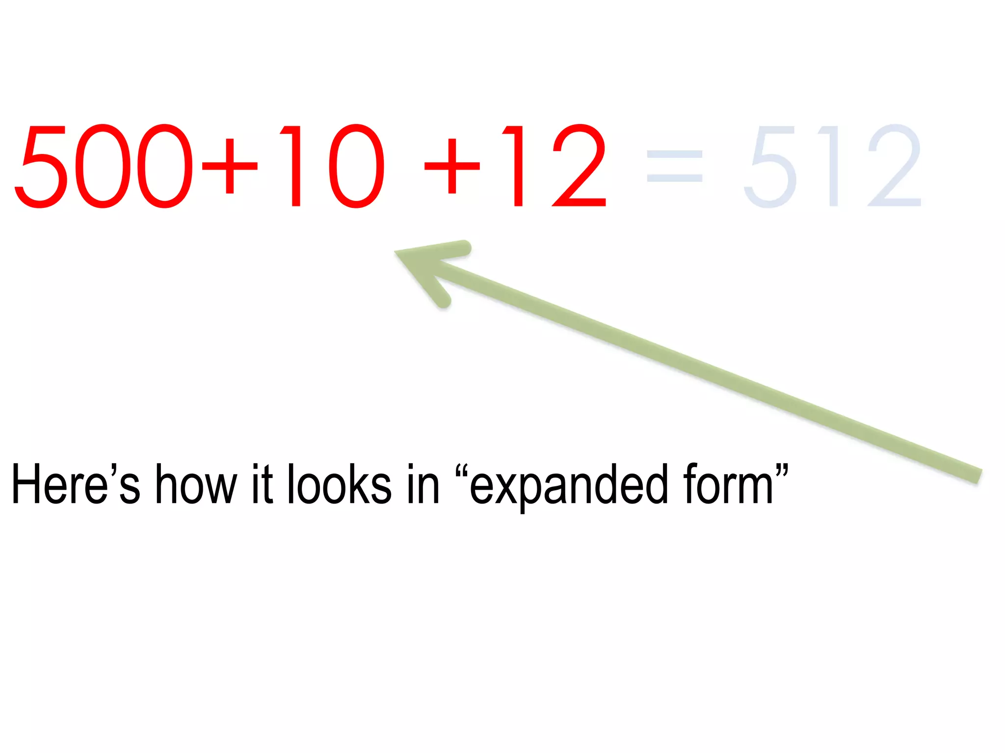 500+10 +12 = 512Here’s how it looks in “expanded form” 