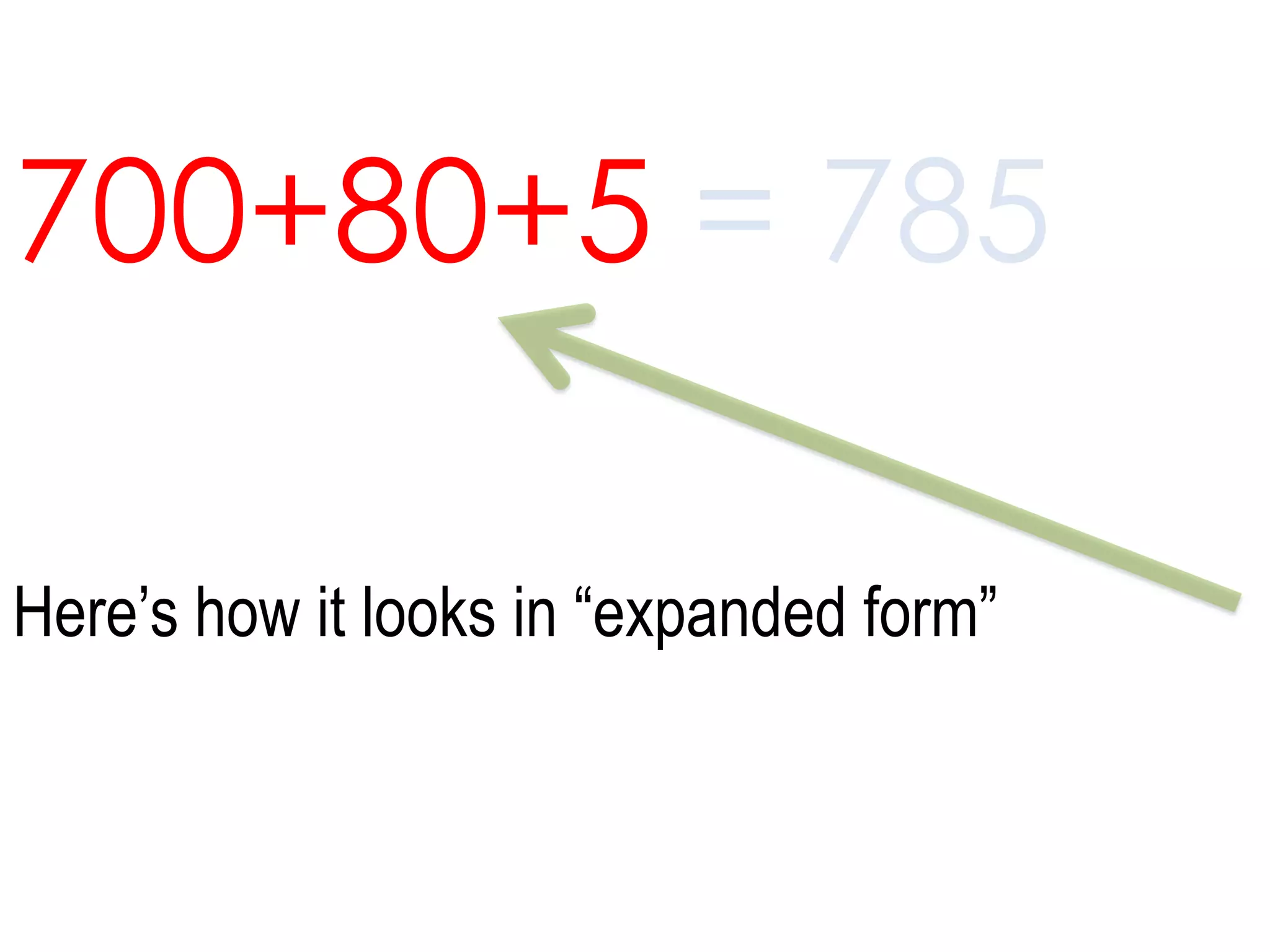 700+80+5 = 785Here’s how it looks in “expanded form” 