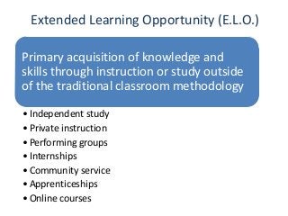 Extended Learning Opportunity (E.L.O.)

Primary acquisition of knowledge and
skills through instruction or study outside
of the traditional classroom methodology

• Independent study
• Private instruction
• Performing groups
• Internships
• Community service
• Apprenticeships
• Online courses
 