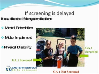 If screening is delayed It could lead to lifelong complications: Mental Retardation Motor Impairment Physical Disability GA 1 Screened   GA 1 Not Screened   GA 1 Screened   