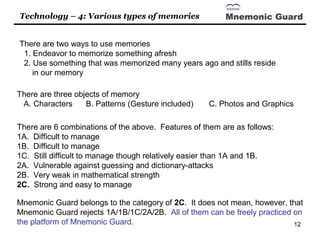 12
Technology – 4: Various types of memories
There are three objects of memory
A. Characters B. Patterns (Gesture included...