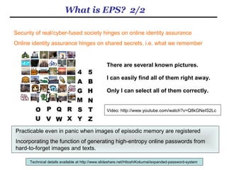 There are several known pictures.
I can easily find all of them right away.
Only I can select all of them correctly.
Practicable even in panic when images of episodic memory are registered
Incorporating the function of generating high-entropy online passwords from
hard-to-forget images and texts.
Security of real/cyber-fused society hinges on online identity assurance
Online identity assurance hinges on shared secrets, i.e. what we remember
Video: http://www.youtube.com/watch?v=Q8kGNeIS2Lc
What is EPS? 2/3
Technical details available at http://www.slideshare.net/HitoshiKokumai/expanded-password-system
 