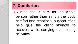 7. Comforter:
 Nurses should care for the whole
person rather than simply the body
comfort and emotional support often
help give the client strength to
recover, while carrying out nursing
activities.
 