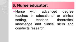 6. Nurse educator:
 Nurse with advanced degree
teaches in educational or clinical
setting, teaches theoretical
knowledge and clinical skills and
conducts research.
 