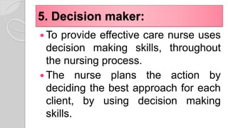 5. Decision maker:
 To provide effective care nurse uses
decision making skills, throughout
the nursing process.
 The nurse plans the action by
deciding the best approach for each
client, by using decision making
skills.
 