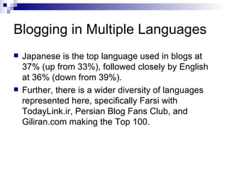 Blogging in Multiple Languages Japanese is the top language used in blogs at 37% (up from 33%), followed closely by English at 36% (down from 39%).  Further, there is a wider diversity of languages represented here, specifically Farsi with TodayLink.ir, Persian Blog Fans Club, and Giliran.com making the Top 100.  