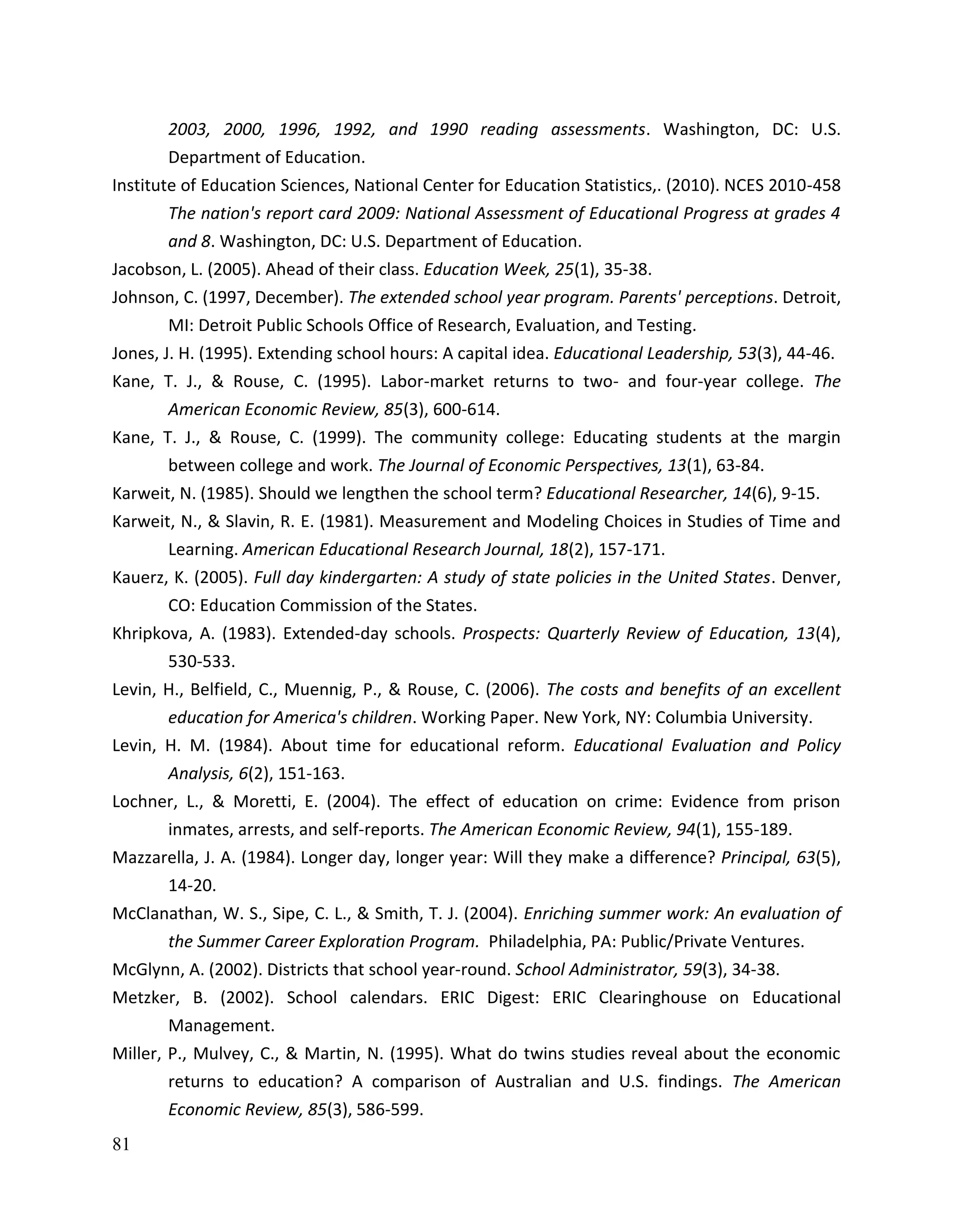81
2003, 2000, 1996, 1992, and 1990 reading assessments. Washington, DC: U.S.
Department of Education.
Institute of Education Sciences, National Center for Education Statistics,. (2010). NCES 2010-458
The nation's report card 2009: National Assessment of Educational Progress at grades 4
and 8. Washington, DC: U.S. Department of Education.
Jacobson, L. (2005). Ahead of their class. Education Week, 25(1), 35-38.
Johnson, C. (1997, December). The extended school year program. Parents' perceptions. Detroit,
MI: Detroit Public Schools Office of Research, Evaluation, and Testing.
Jones, J. H. (1995). Extending school hours: A capital idea. Educational Leadership, 53(3), 44-46.
Kane, T. J., & Rouse, C. (1995). Labor-market returns to two- and four-year college. The
American Economic Review, 85(3), 600-614.
Kane, T. J., & Rouse, C. (1999). The community college: Educating students at the margin
between college and work. The Journal of Economic Perspectives, 13(1), 63-84.
Karweit, N. (1985). Should we lengthen the school term? Educational Researcher, 14(6), 9-15.
Karweit, N., & Slavin, R. E. (1981). Measurement and Modeling Choices in Studies of Time and
Learning. American Educational Research Journal, 18(2), 157-171.
Kauerz, K. (2005). Full day kindergarten: A study of state policies in the United States. Denver,
CO: Education Commission of the States.
Khripkova, A. (1983). Extended-day schools. Prospects: Quarterly Review of Education, 13(4),
530-533.
Levin, H., Belfield, C., Muennig, P., & Rouse, C. (2006). The costs and benefits of an excellent
education for America's children. Working Paper. New York, NY: Columbia University.
Levin, H. M. (1984). About time for educational reform. Educational Evaluation and Policy
Analysis, 6(2), 151-163.
Lochner, L., & Moretti, E. (2004). The effect of education on crime: Evidence from prison
inmates, arrests, and self-reports. The American Economic Review, 94(1), 155-189.
Mazzarella, J. A. (1984). Longer day, longer year: Will they make a difference? Principal, 63(5),
14-20.
McClanathan, W. S., Sipe, C. L., & Smith, T. J. (2004). Enriching summer work: An evaluation of
the Summer Career Exploration Program. Philadelphia, PA: Public/Private Ventures.
McGlynn, A. (2002). Districts that school year-round. School Administrator, 59(3), 34-38.
Metzker, B. (2002). School calendars. ERIC Digest: ERIC Clearinghouse on Educational
Management.
Miller, P., Mulvey, C., & Martin, N. (1995). What do twins studies reveal about the economic
returns to education? A comparison of Australian and U.S. findings. The American
Economic Review, 85(3), 586-599.
 