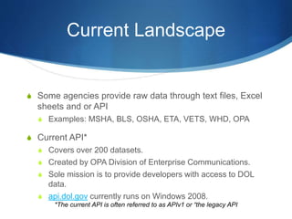 Current Landscape
S Some agencies provide raw data through text files, Excel
sheets and or API
S Examples: MSHA, BLS, OSHA...
