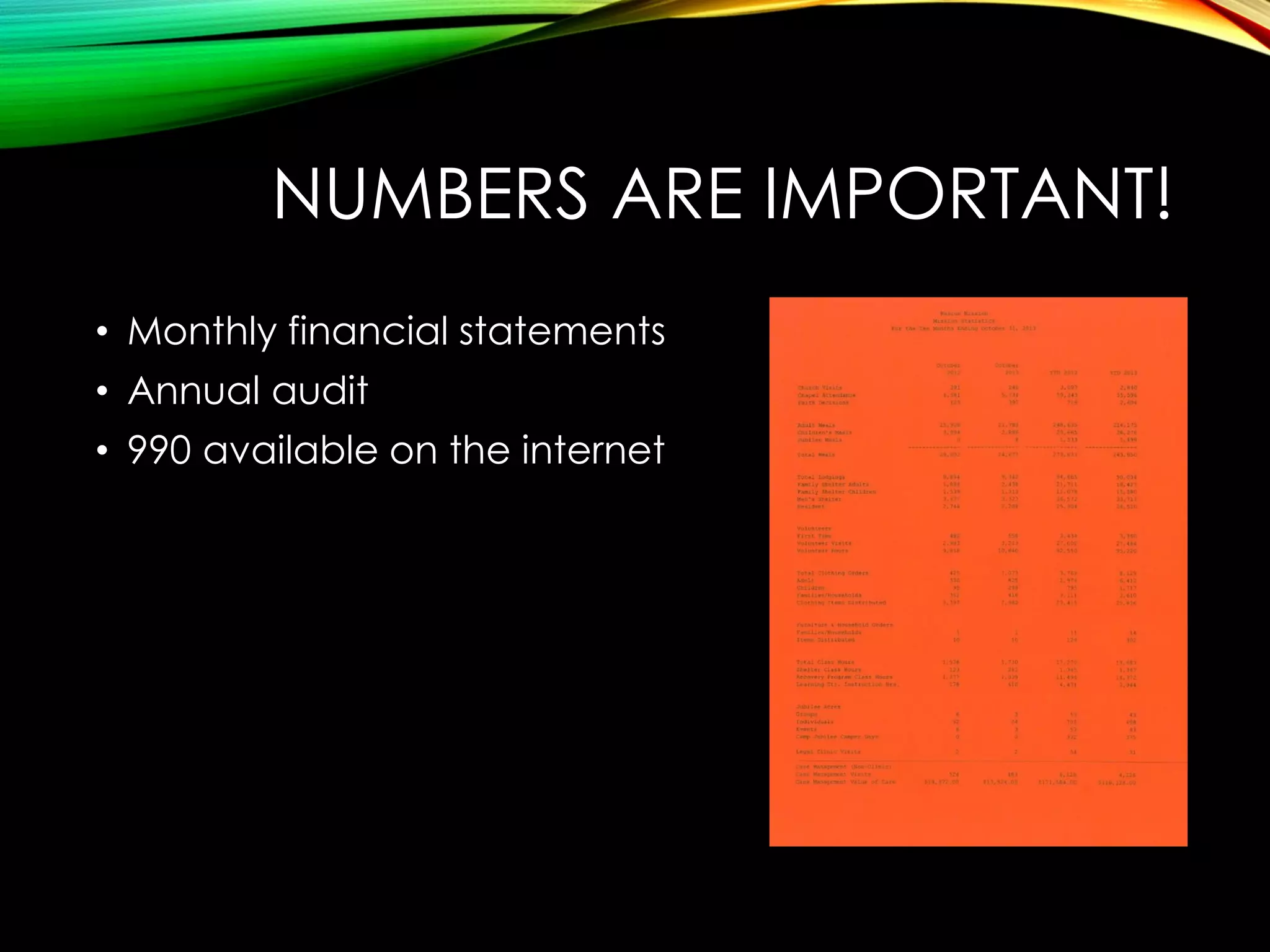 NUMBERS ARE IMPORTANT!
• Monthly financial statements
• Annual audit

• 990 available on the internet

 