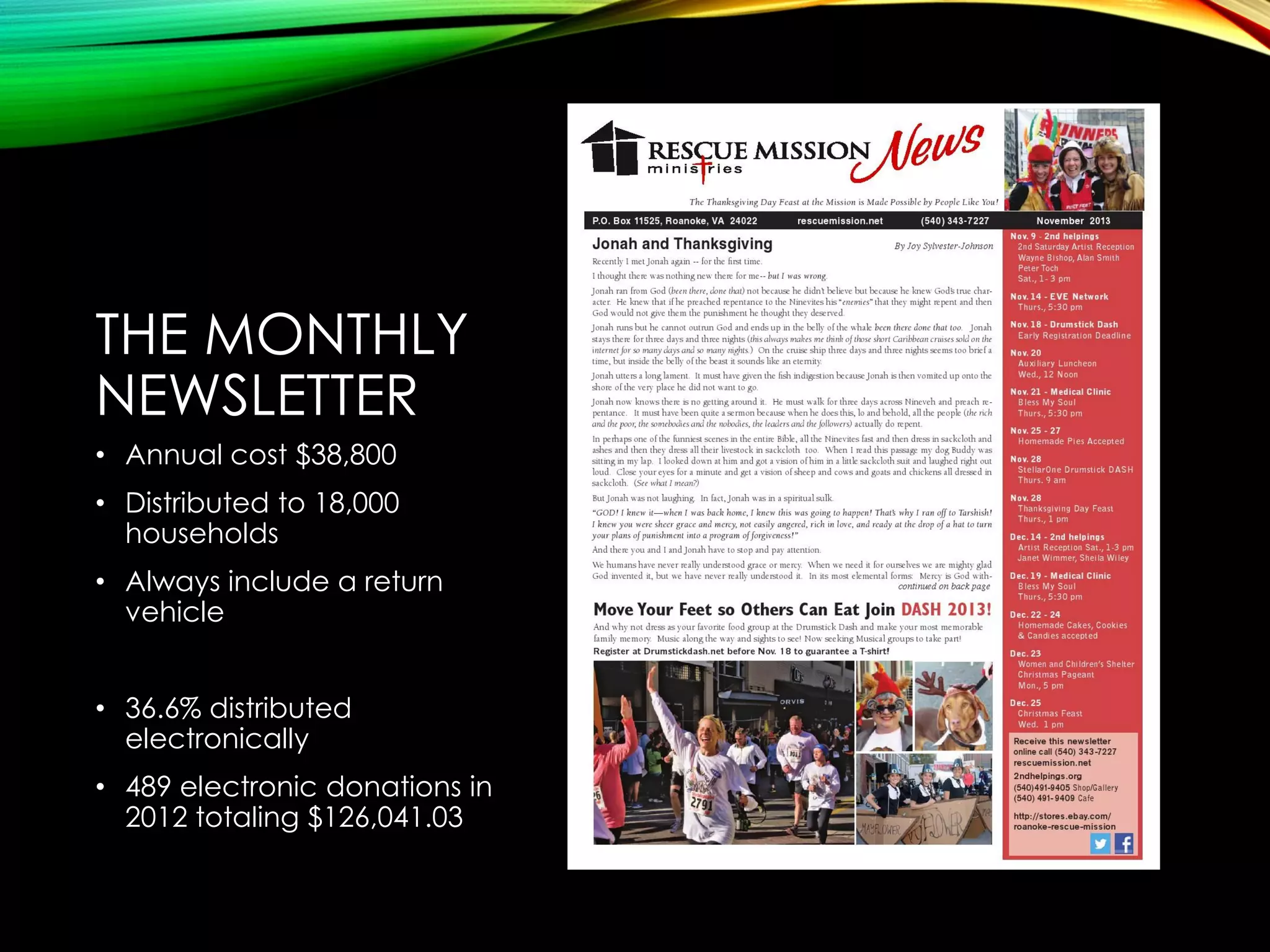 THE MONTHLY
NEWSLETTER
• Annual cost $38,800
• Distributed to 18,000
households
• Always include a return
vehicle
• 36.6% distributed
electronically
• 489 electronic donations in
2012 totaling $126,041.03

 