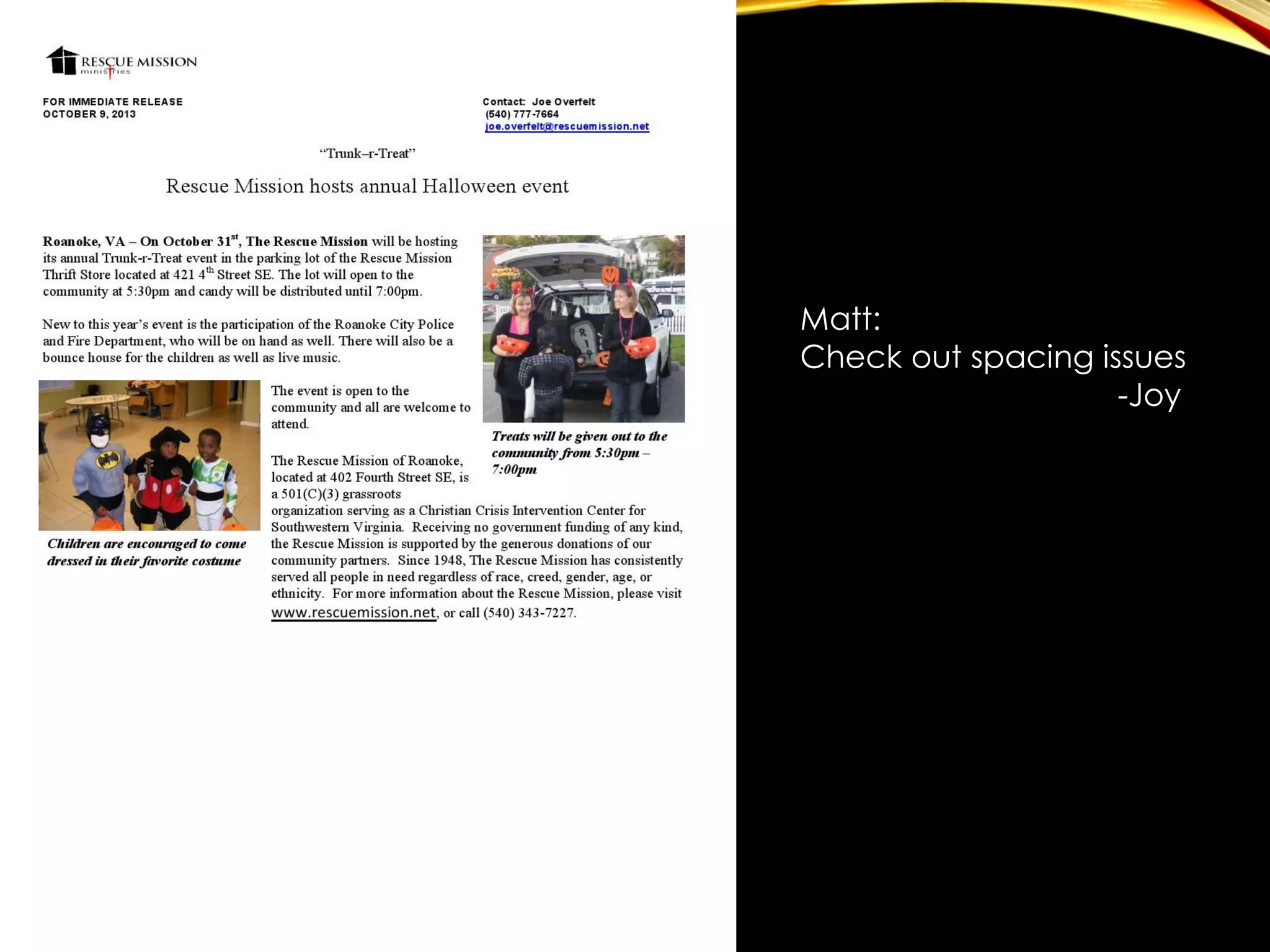 Matt:
Check out spacing issues
-Joy

 