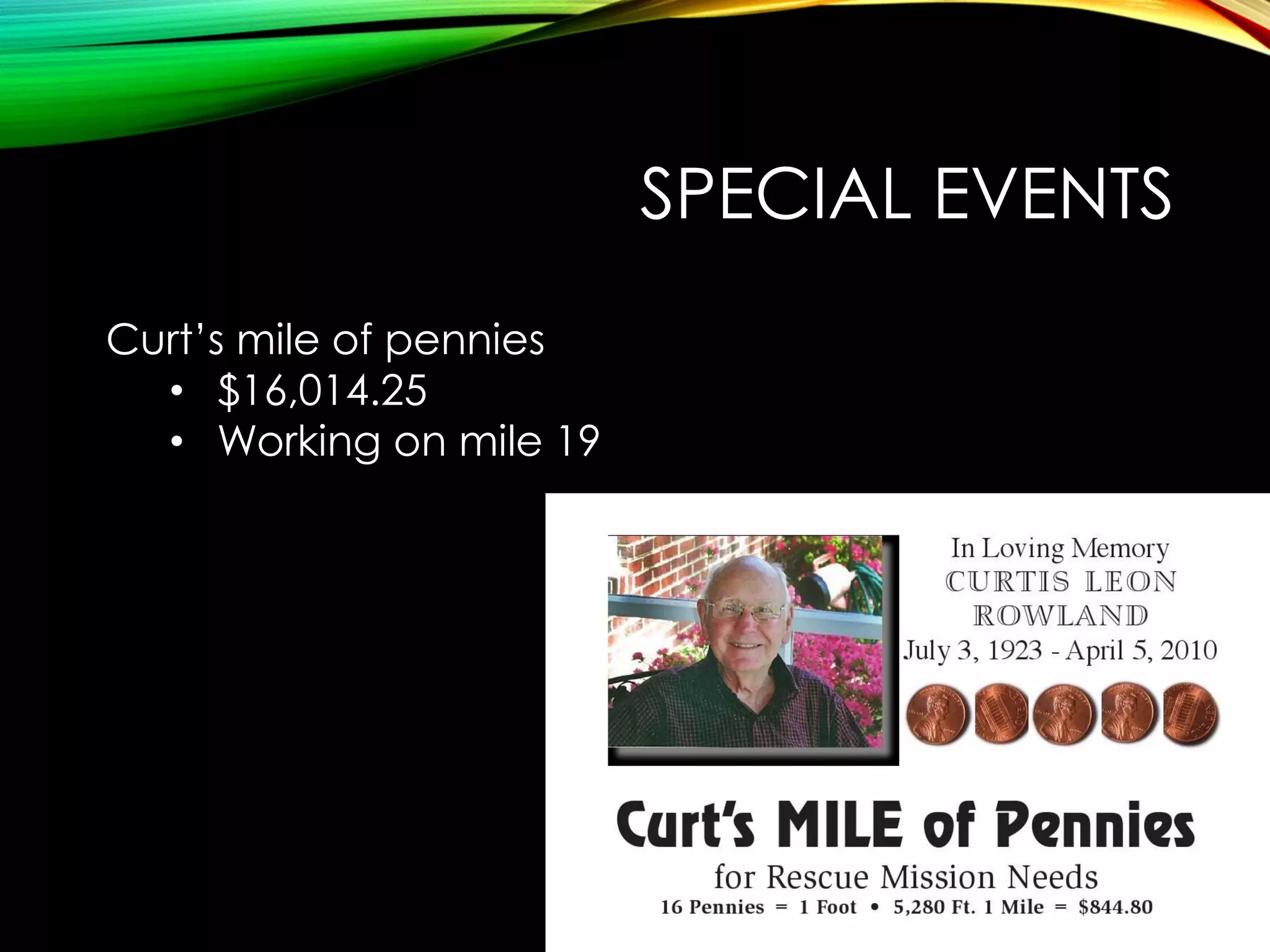 SPECIAL EVENTS
Curt’s mile of pennies
• $16,014.25
• Working on mile 19

 