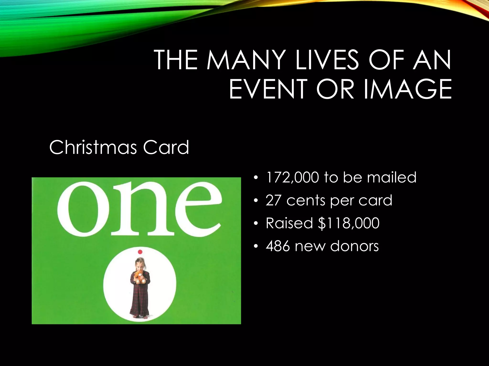 THE MANY LIVES OF AN
EVENT OR IMAGE
Christmas Card
• 172,000 to be mailed
• 27 cents per card
• Raised $118,000
• 486 new donors

 