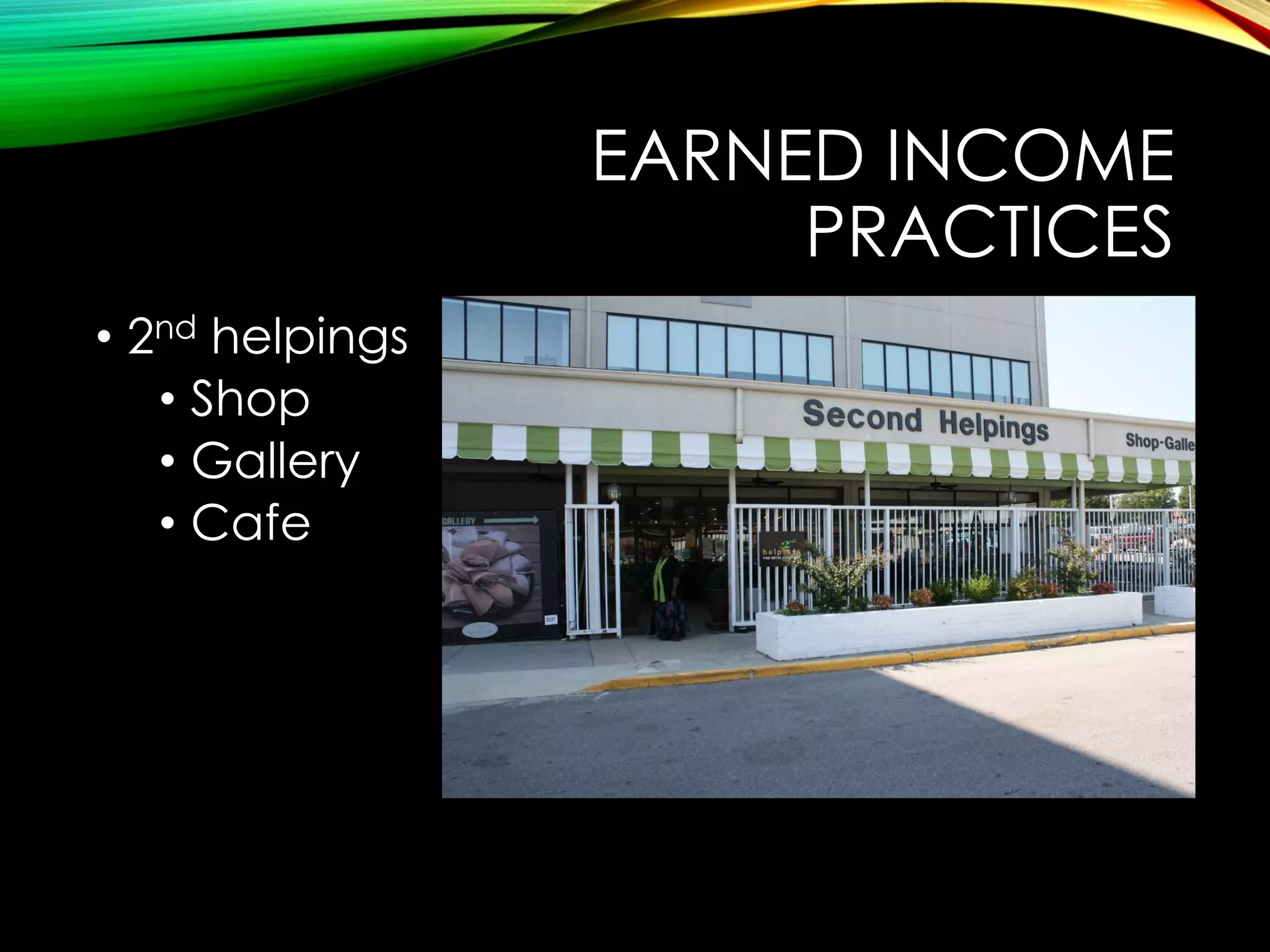 EARNED INCOME
PRACTICES
• 2nd helpings
• Shop
• Gallery
• Cafe

 
