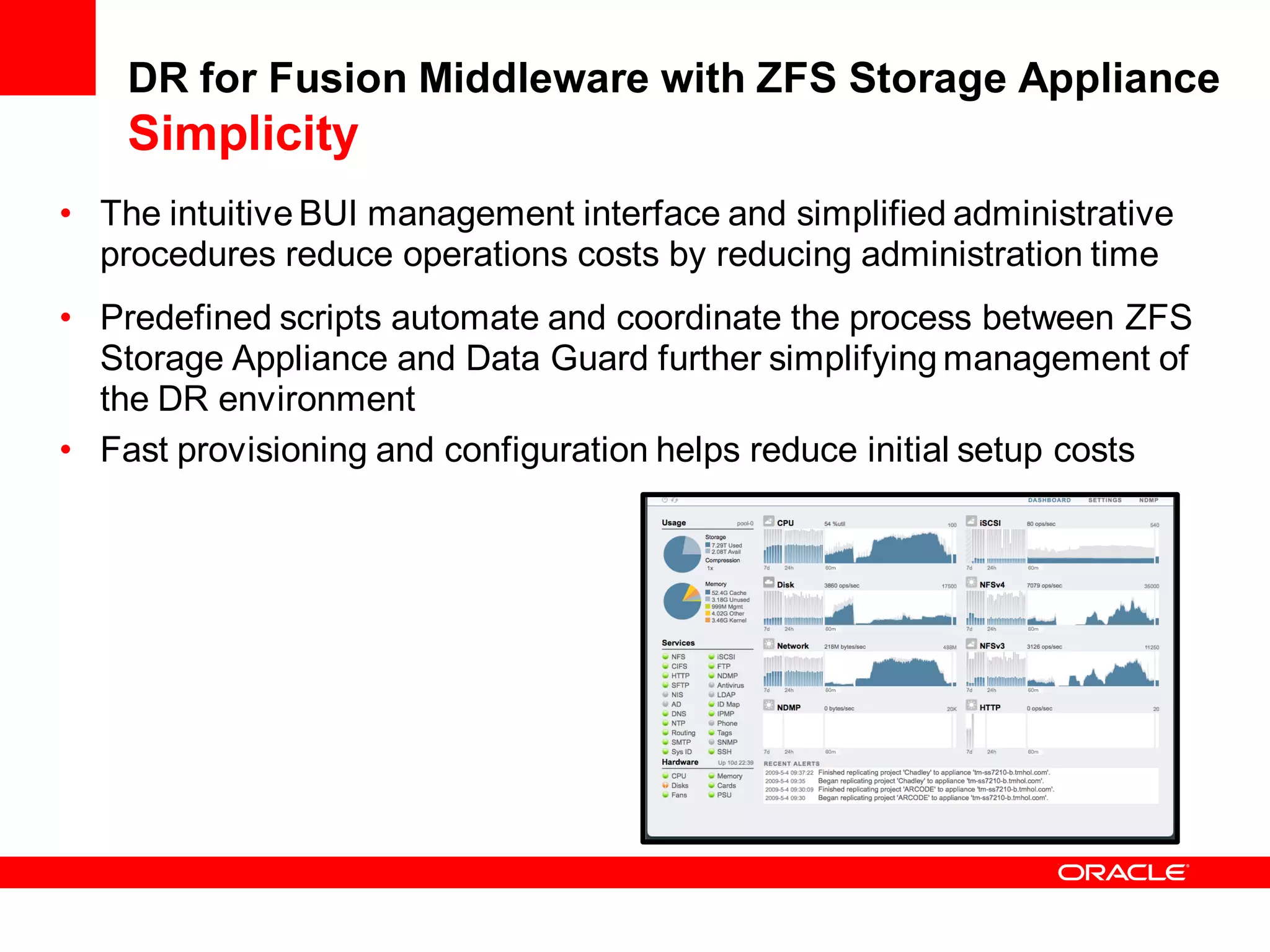 DR for Fusion Middleware with ZFS Storage Appliance
    Simplicity
• The intuitive BUI management interface and simplified administrative
  procedures reduce operations costs by reducing administration time
• Predefined scripts automate and coordinate the process between ZFS
  Storage Appliance and Data Guard further simplifying management of
  the DR environment
• Fast provisioning and configuration helps reduce initial setup costs
 