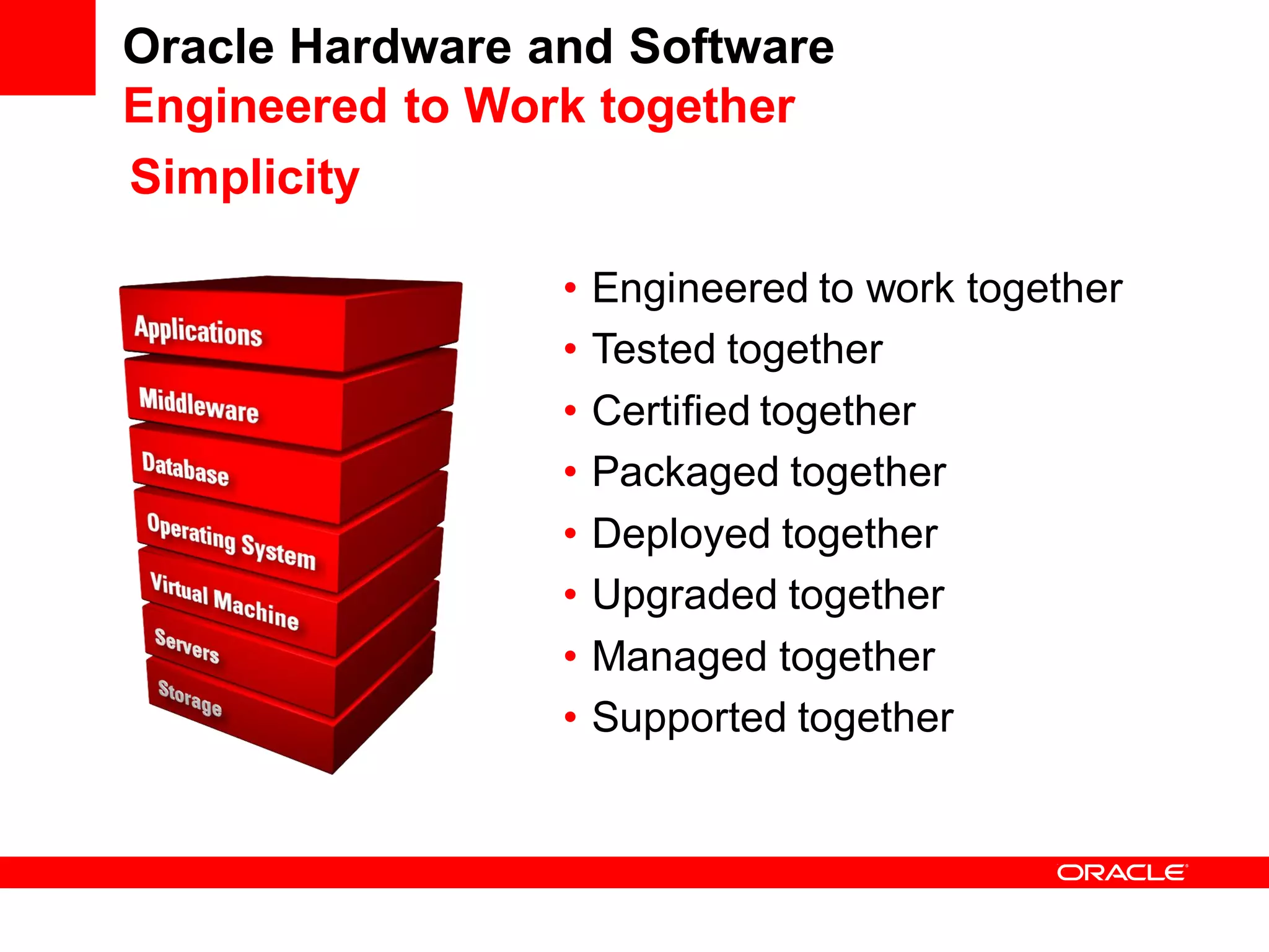 Oracle Hardware and Software
Engineered to Work together
Simplicity

                 •   Engineered to work together
                 •   Tested together
                 •   Certified together
                 •   Packaged together
                 •   Deployed together
                 •   Upgraded together
                 •   Managed together
                 •   Supported together
 