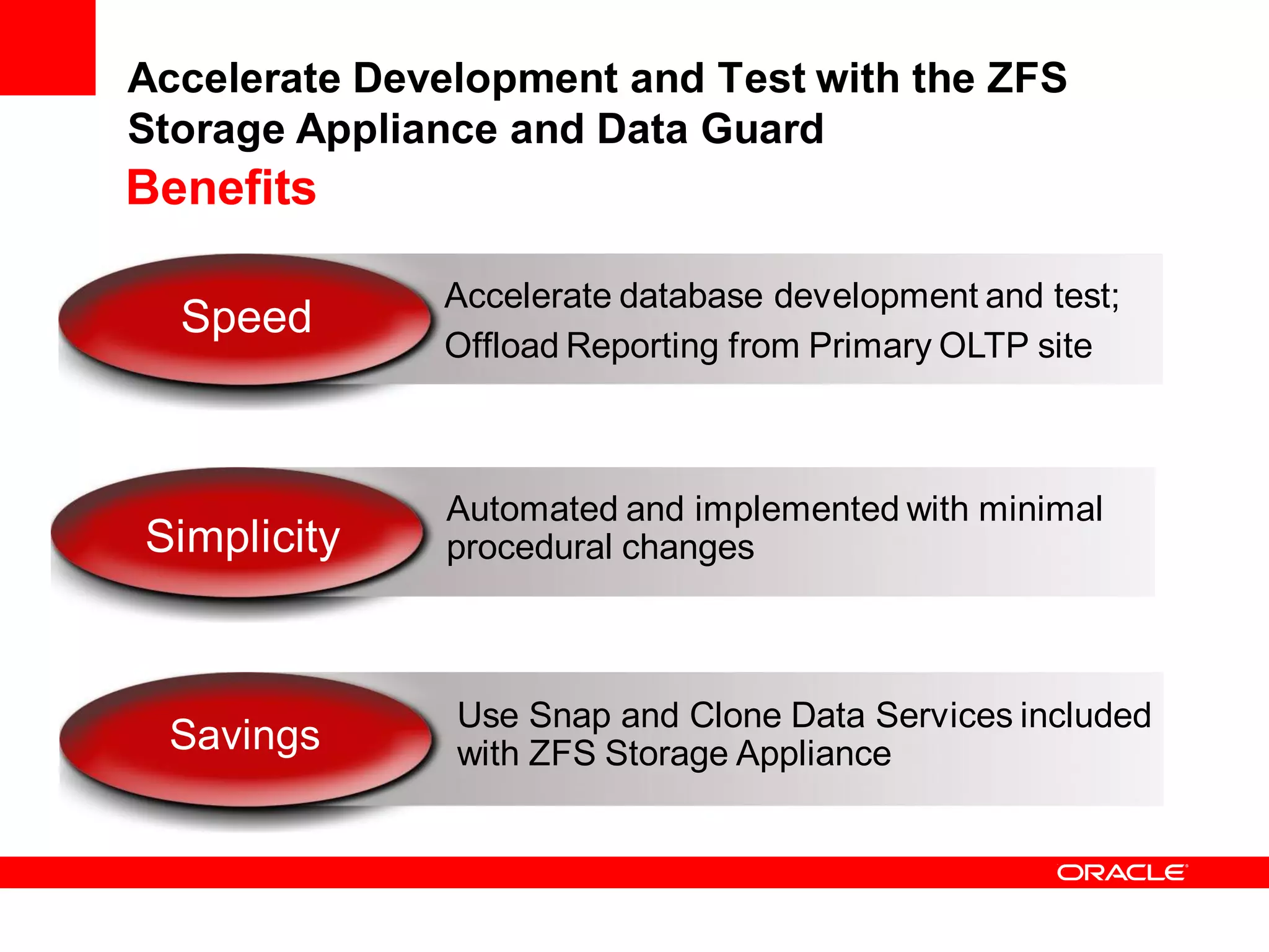 Accelerate Development and Test with the ZFS
Storage Appliance and Data Guard
Benefits

              Accelerate database development and test;
  Speed
              Offload Reporting from Primary OLTP site



              Automated and implemented with minimal
Simplicity    procedural changes



               Use Snap and Clone Data Services included
 Savings       with ZFS Storage Appliance
 