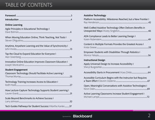 TABLE OF CONTENTS

Foreword ...............................................................................................................................3

Introduction ........................................................................................................................4

Online Learning   

Agile Principles in Educational Technology I
Dave Bolman........................................................................................................................6

When Moving Education Online, Think Teaching, Not Tools I
Steven D’Agustino..............................................................................................................9

Anytime, Anywhere Learning and the Value of Synchronicity I

John Vivolo.............................................................................................................................13

Tap the Cloud to Expand Education for Everyone I
Alan Greenberg .................................................................................................................16

Innovative Online Education Improves Classroom Education I
Joseph Montcalmo ........................................................................................................20

Student Engagement   
Classroom Technology Should Facilitate Active Learning I
Thomas Murray..................................................................................................................25

Technology Training Increases Access to Education I
Keith Hoell.............................................................................................................................27

How Lecture-Capture Technology Supports Student Learning I

Lauren Erardi........................................................................................................................31

Scale Beyond Benchmarks to Achieve Success I
Larry Johnson......................................................................................................................32

Tech Guides Pathways for Student Success I Martha Kanter...........37

Assistive Technology  
Platform Accessibility: Milestones Reached, but a New Frontier I
Ray Henderson...................................................................................................................42

Well-Crafted Assistive Technology Often Delivers Benefits in
Unexpected Ways I Korey Singleton...................................................................46

ADA Compliance Leads to Better Learning Design I
Karen Rubenstein.............................................................................................................49

Content in Multiple Formats Provides the Greatest Access I
Krista Greear.........................................................................................................................53

Empower Students with Disabilities Through Robotics I
Monica Yatsyla...................................................................................................................56

Instructional Design  
Apply Universal Design to Increase Accessibility I
Sheryl Burgstahler...........................................................................................................61

Accessibility Starts in Procurement I Kara Zirkle......................................64

Accessible Curriculum Begins with the Instructor but Requires
a Team Effort I Devrim Ozdemir..........................................................................67

Open, Meaningful Conversations with Assistive Technologies I
Kevin Dalin.........................................................................................................................69

Active Learning Classrooms Increase Student Engagement I
Michael Lampe...............................................................................................................72

2Sponsored by:
 
