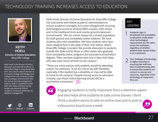 TECHNOLOGY TRAINING INCREASES ACCESS TO EDUCATION

KEITH
HOELL

Director of Online Education,
Briarcliffe College
Keith Hoell is the director of Online
Education and associate professor at
Briarcliffe College in Long Island, New
York. He is also an adjunct lecturer at
St. Joseph’s College and Medgar Evers
College of the City University of New
York, teaching in environments that
use various learning management
systems. Keith is a published author
with John Wiley and Sons, having
written two Microsoft Official
Academic Curriculum textbooks on
database management.
Twitter I Website I LinkedIn
Keith Hoell, director of Online Education for Briarcliffe College,
not only works with fellow academic administrators to
ensure academic oversight, but is also charged with ensuring
technological access to all Briarcliffe’s courses, both online
and in the traditional brick-and-mortar ground classroom
environments. “We run online classes for a mixed population,
for both ground and completely online students. We have
students who have disabilities. We have students who have
never stepped foot in the state of New York before, where
Briarcliffe College is located. We provide education to students
outside the State and to those in other states who graduate
from completely online programs for associate and bachelor’s
degrees. Then, we have students who live in New York State
who also have never set foot on our campus.”
“There are many reasons why students would be attending
online,” he continues. “A lot of it has to do with flexibility,
especially if the student has a disability or may not be able
to travel to the campus.” Despite having access to education
virtually, says Hoell, online learning should still be a
worthwhile investment. “
Engaging students is really important from a retention aspect
and also helps drive students to take online classes.I don’t
think a student wants to take an online class just to post to
a discussion board once a week.
KEY
LESSONS
1 Academic rigor is
broadened and accessibility
to education made easier
when technological
requirements are the same
across the institution,
regardless of whether
students take classes online
or in a classroom.
2 One challenge of technology
in higher education is
ensuring that staff have
basic troubleshooting skills
to ensure that students can
connect to courses and
resources, regardless of the
technology or equipment
they use.
27Sponsored by:
 