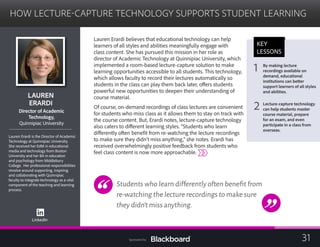HOW LECTURE-CAPTURE TECHNOLOGY SUPPORTS STUDENT LEARNING
	
LAUREN
ERARDI

Director of Academic
	
Technology,
	
Quinnipiac University
Lauren Erardi is the Director of Academic
Technology at Quinnipiac University.
She received her EdM in educational
media and technology from Boston
University and her BA in education
and psychology from Middlebury
College. Her professional responsibilities
revolve around supporting, inspiring
and collaborating with Quinnipiac
faculty to integrate technology as a vital
component of the teaching and learning
process.
LinkedIn
Lauren Erardi believes that educational technology can help
learners of all styles and abilities meaningfully engage with
class content. She has pursued this mission in her role as
director of Academic Technology at Quinnipiac University, which
implemented a room-based lecture-capture solution to make
learning opportunities accessible to all students. This technology,
which allows faculty to record their lectures automatically so
students in the class can play them back later, offers students
powerful new opportunities to deepen their understanding of
course material.
Of course, on-demand recordings of class lectures are convenient
for students who miss class as it allows them to stay on track with
the course content. But, Erardi notes, lecture-capture technology
also caters to different learning styles. “Students who learn
differently often benefit from re-watching the lecture recordings
to make sure they didn’t miss anything,” she notes. Erardi has
received overwhelmingly positive feedback from students who
feel class content is now more approachable.
Students who learn differently often benefit from
re-watching the lecture recordings to make sure
they didn’t miss anything.
KEY
LESSONS
1 By making lecture
recordings available on
demand, educational
institutions can better
support learners of all styles
and abilities.
2 Lecture-capture technology
can help students master
course material, prepare
for an exam, and even
participate in a class from
overseas.
31Sponsored by:
 