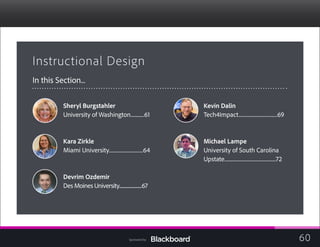 Instructional Design

In this Section...
Sheryl Burgstahler
University of Washington............61

Kara Zirkle
Miami University..............................64

Devrim Ozdemir
Des Moines University........................67
	
Kevin Dalin
Tech4Impact..................................69

Michael Lampe
University of South Carolina
Upstate.............................................72
60Sponsored by:
 