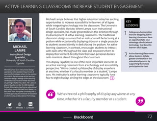 ACTIVE LEARNING CLASSROOMS INCREASE STUDENT ENGAGEMENT

MICHAEL
LAMPE

Instructional Design
Specialist,
University of South Carolina

Upstate

Michael Lampe is an instructional design
specialist at USC Upstate’s Department of
Learning Technologies where he has worked
on projects that encourage active learning
classroom design, redesign online teaching
certification courses and initiate discussion
on gaming in higher education. He is also an
adjunct faculty member for USC Upstate’s
School of Education, teaching an educational
technology course. Michael has a Master’s in
Education from Marquette University and is
currently pursuing his Doctorate of Education
at USC focusing on Educational Technology.
Twitter I Website I LinkedIn
Michael Lampe believes that higher education today has exciting
opportunities to increase accessibility for learners of all types
while integrating technology into the classroom. The University
of South Carolina Upstate, where Lampe is an instructional
design specialist, has made great strides in this direction through
its development of active learning classrooms. The traditional
classroom design assumes that an instructor will be lecturing at a
podium while occasionally displaying slides on a single projector
to students seated silently in desks facing the podium. An active
learning classroom, in contrast, encourages students to interact
with each other throughout the class and empowers them to
display their content directly from their own personal devices
onto monitors placed throughout the classroom.
This display capability is one of the most important elements of
an active learning classroom from a technology and accessibility
perspective. “We’ve created a philosophy of display anywhere
at any time, whether it’s a faculty member or a student,” Lampe
says. His institution’s active learning classrooms typically have
four to eight displays circling the edges of the classroom.
We’ve created a philosophy of display anywhere at any
time,whether it’s a faculty member or a student.
KEY
LESSONS
1 Colleges and universities 

that are designing active
learning classrooms have
an opportunity to take
advantage of educational
technology that benefits
learners of all types.
2 Active learning classrooms
allow students to take
greater ownership of the
educational process by
supporting their close
participation in class.
72Sponsored by:
 