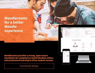 Moodlerooms
for a better
Moodle
experience
We do the heavy lifting for you by providing a proven, reliable
Moodle platform; you save the time, effort, and money that would
have been required to support Moodle on your own. Net result: you
get one of the best e-learning platforms out there with no hassle.
Moodlerooms provides a strong, open source
foundation for competency-based blended, online,
and professional learning to drive student success.
Try it free for 30 days
�
 