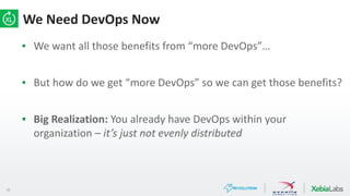 10
We Need DevOps Now
▪ We want all those benefits from “more DevOps”…
▪ But how do we get “more DevOps” so we can get those benefits?
▪ Big Realization: You already have DevOps within your
organization – it’s just not evenly distributed
 