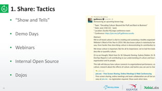 16
▪ “Show and Tells”
▪ Demo Days
▪ Webinars
▪ Internal Open Source
▪ Dojos
▪ [Picture Here]
1. Share: Tactics
 