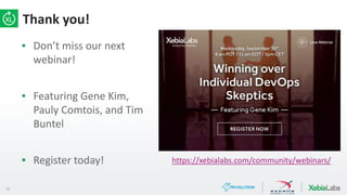 35
Thank you!
▪ Don’t miss our next
webinar!
▪ Featuring Gene Kim,
Pauly Comtois, and Tim
Buntel
▪ Register today! https://xebialabs.com/community/webinars/
 