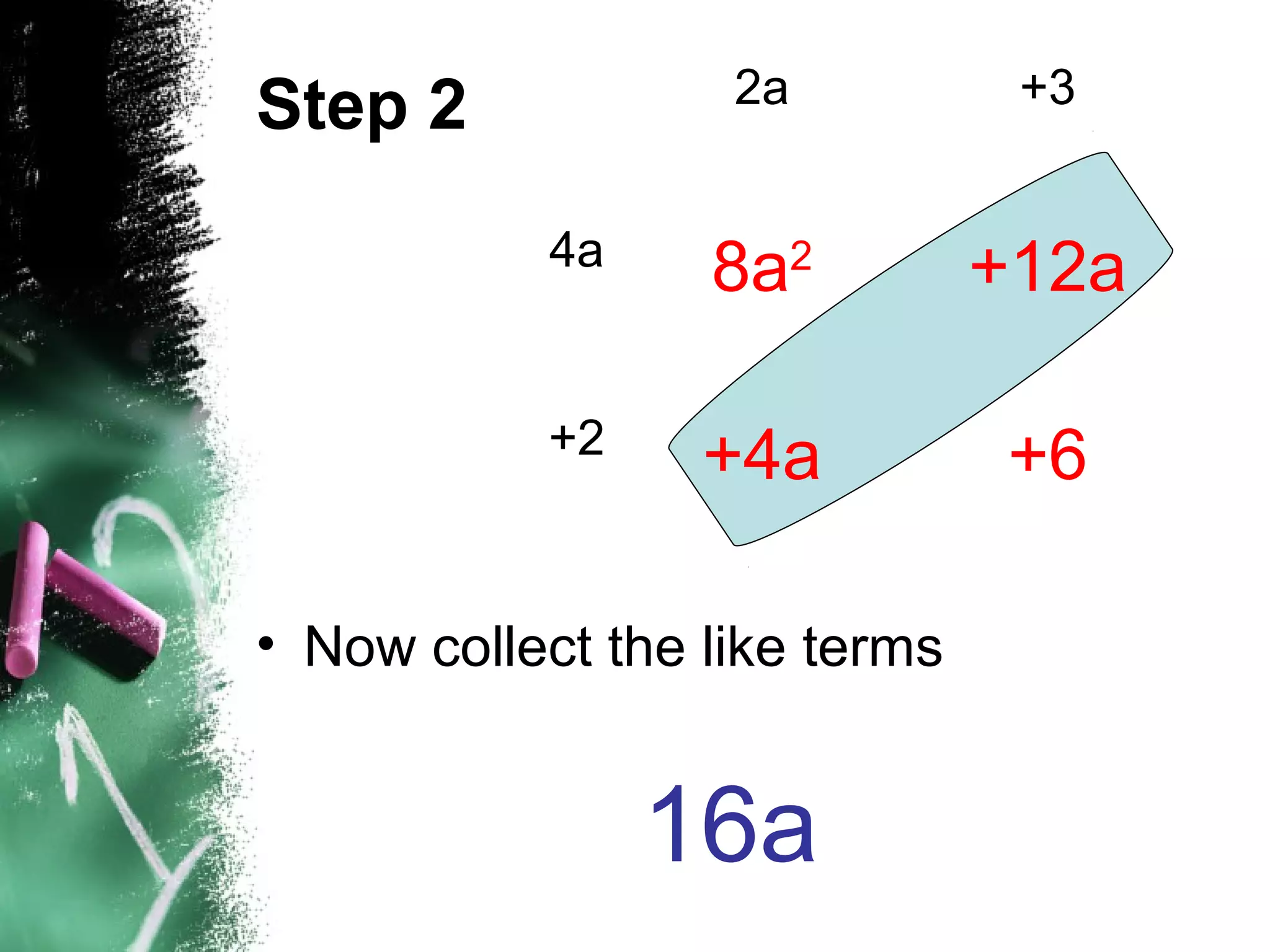 Step 2
• Now collect the like terms
2a +3
4a 8a2
+12a
+2 +4a +6
16a
 