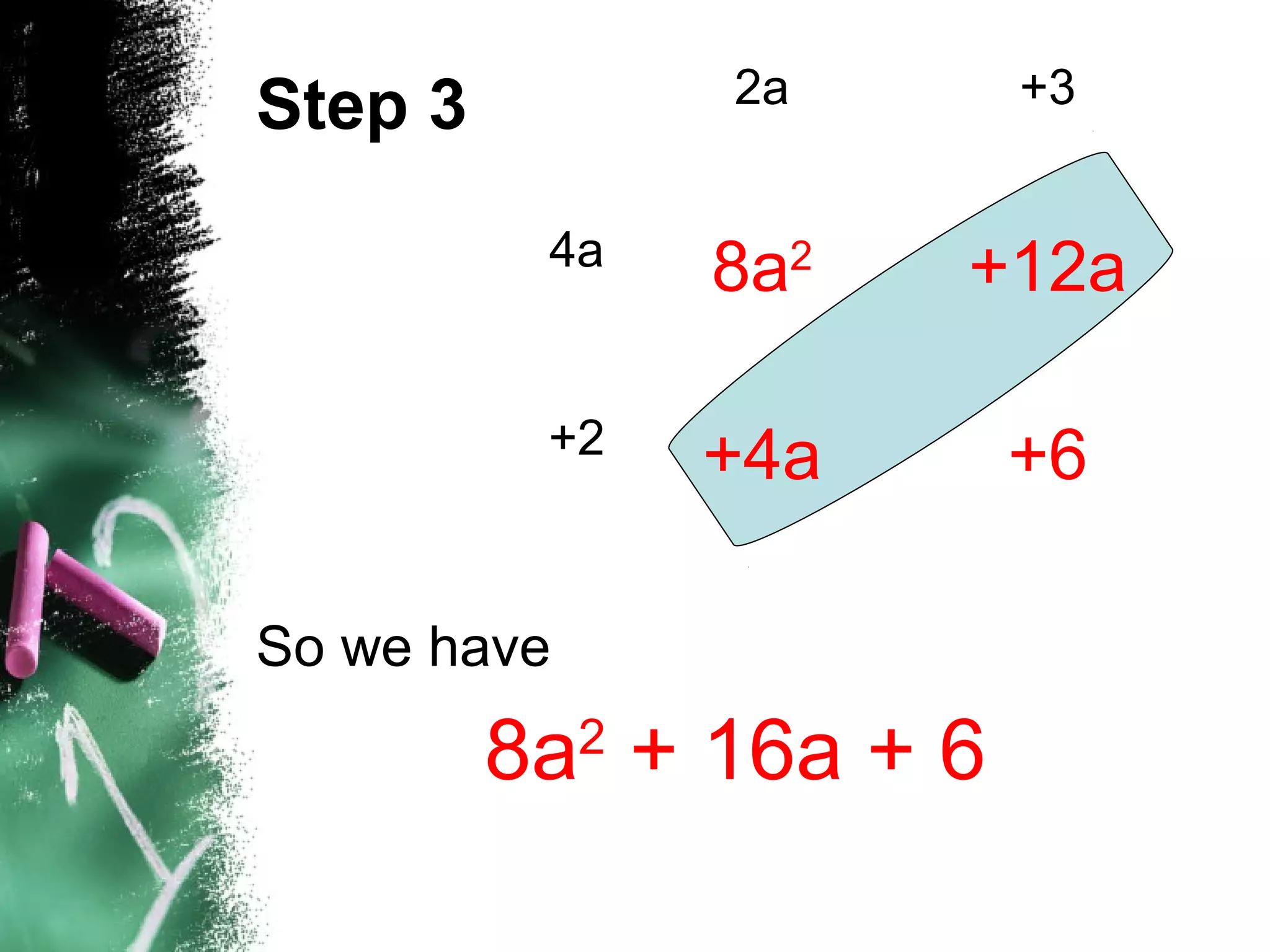 Step 3
So we have
2a +3
4a 8a2
+12a
+2 +4a +6
8a2
+ 16a + 6
 