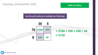 Saturday, 28 November 2015 Task on Entry
30 5
70
8
Use the grid method to multiply the following:
2100 350
240 40
= 2100 + 350 + 240 + 40
= 2730
 