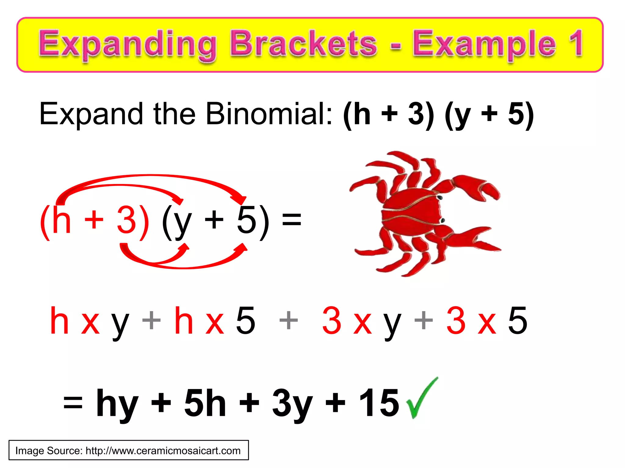 Expand the Binomial: (h + 3) (y + 5)
(h + 3) (y + 5) =
h x y + h x 5 + 3 x y + 3 x 5
= hy + 5h + 3y + 15
Image Source: http://www.ceramicmosaicart.com
 