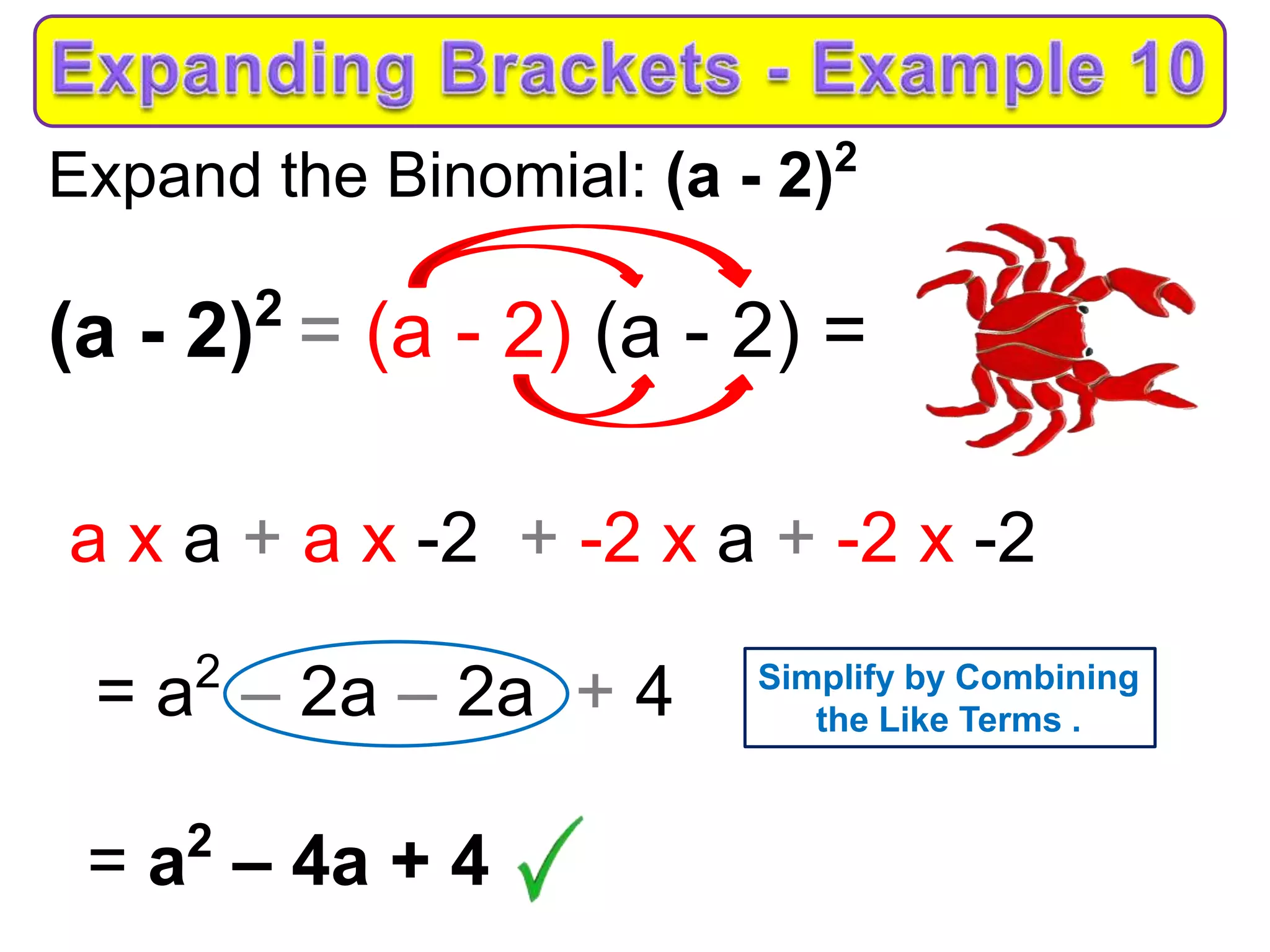 Expand the Binomial: (a - 2)2
(a - 2)2
= (a - 2) (a - 2) =
a x a + a x -2 + -2 x a + -2 x -2
= a2
– 2a – 2a + 4
= a2
– 4a + 4
Simplify by Combining
the Like Terms .
 
