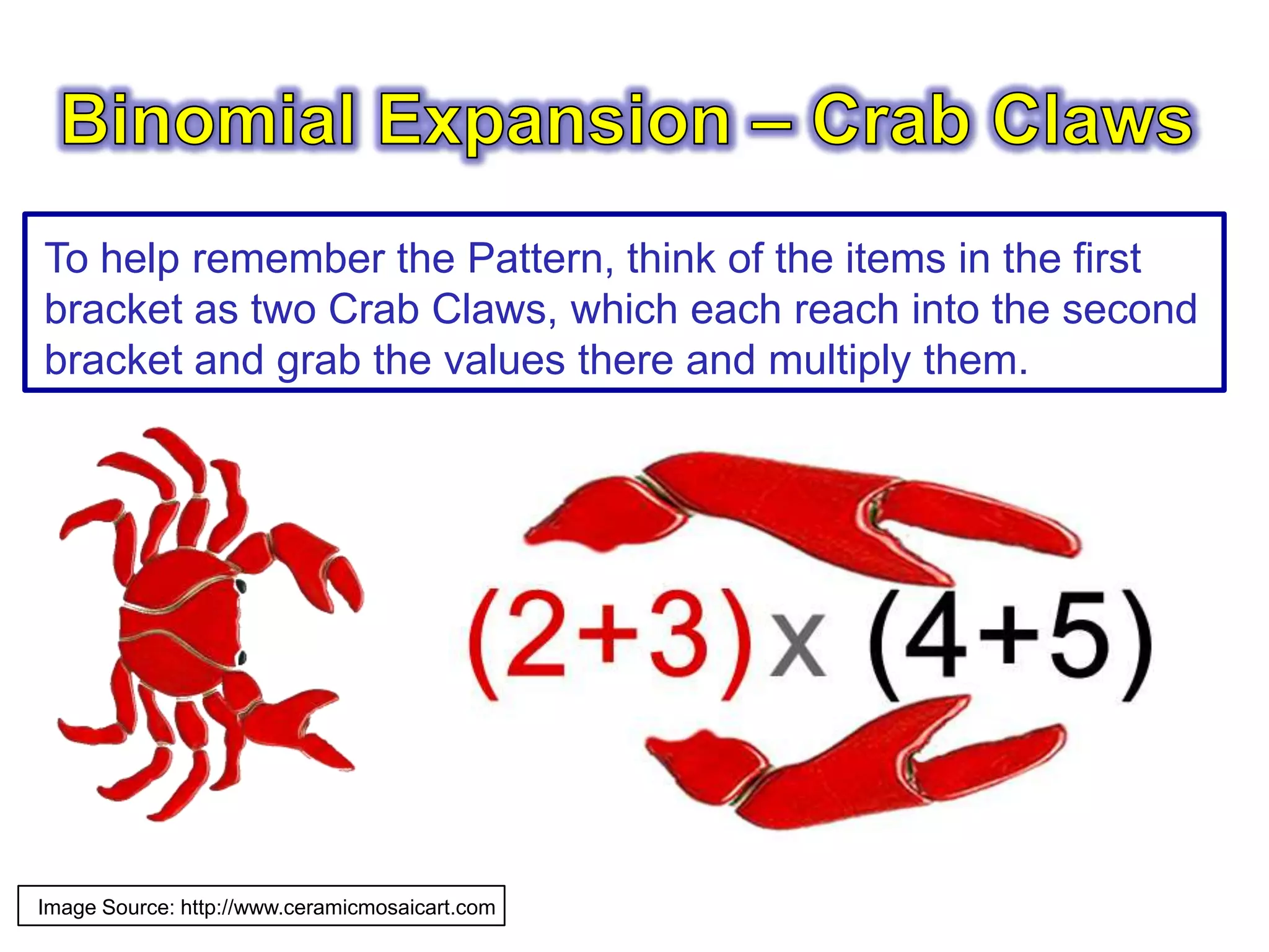 Image Source: http://www.ceramicmosaicart.com
To help remember the Pattern, think of the items in the first
bracket as two Crab Claws, which each reach into the second
bracket and grab the values there and multiply them.
 