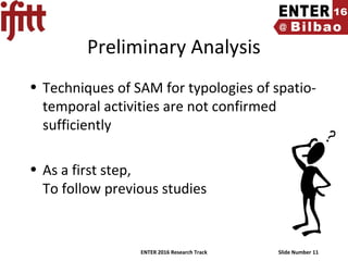 ENTER 2016 Research Track Slide Number 11
Preliminary Analysis
• Techniques of SAM for typologies of spatio-
temporal activities are not confirmed
sufficiently
• As a first step,
To follow previous studies
 
