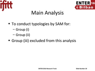ENTER 2016 Research Track Slide Number 20
Main Analysis
• To conduct typologies by SAM for:
– Group (i)
– Group (ii)
• Group (iii) excluded from this analysis
 