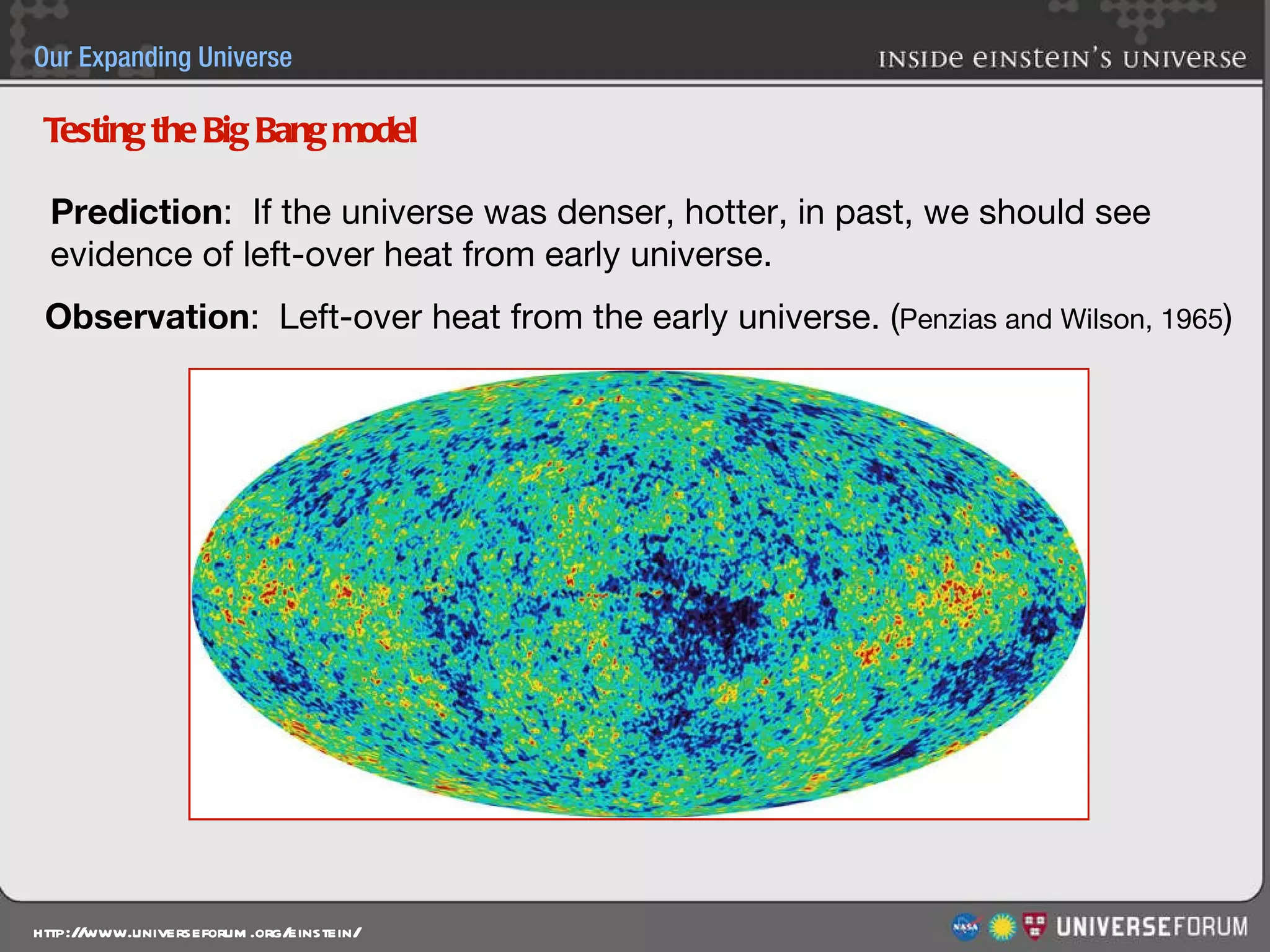 Prediction :  If the universe was denser, hotter, in past, we should see  evidence of left-over heat from early universe. Observation :  Left-over heat from the early universe. ( Penzias and Wilson, 1965 )  Testing the Big Bang model 