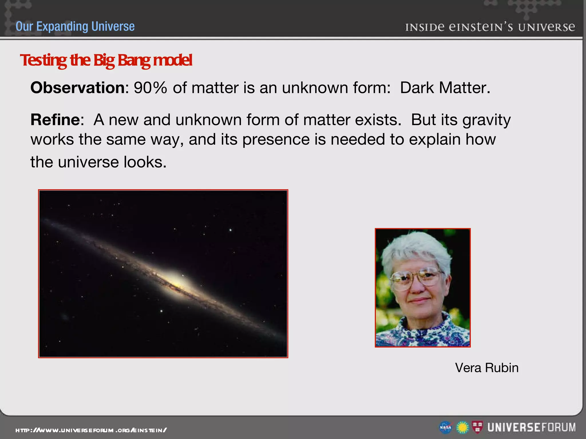 Observation : 90% of matter is an unknown form:  Dark Matter. Refine :  A new and unknown form of matter exists.  But its gravity  works the same way, and its presence is needed to explain how  the universe looks.   Testing the Big Bang model Vera Rubin 