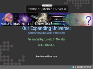 Structure and Evolution of the Universe  Workshop  Our Expanding Universe: Humanity’s changing vision of the cosmos Presented by: Loreto C. Morales BEED IIIA GEN. Location and Date here BEED ‘s 