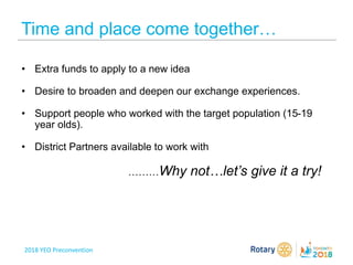 2018 YEO Preconvention
• Extra funds to apply to a new idea
• Desire to broaden and deepen our exchange experiences.
• Support people who worked with the target population (15-19
year olds).
• District Partners available to work with
………Why not…let’s give it a try!
Time and place come together…
 
