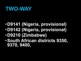 2018 YEO Preconvention
•D9141 (Nigeria, provisional)
•D9142 (Nigeria, provisional)
•D9210 (Zimbabwe)
•South African districts 9350,
9370, 9400,
TWO-WAY
 