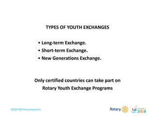 2018 YEO Preconvention
TYPES OF YOUTH EXCHANGES
• Long-term Exchange.
• Short-term Exchange.
• New Generations Exchange.
Only certified countries can take part on
Rotary Youth Exchange Programs
 