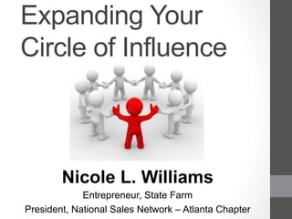 Expanding Your
Circle of Influence
Nicole L. Williams
Entrepreneur, State Farm
President, National Sales Network – Atlanta Chapter
 