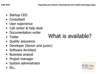 What is available? <ul><li>Startup CEO </li></ul><ul><li>Consultant </li></ul><ul><li>User experience  </li></ul><ul><li>C...