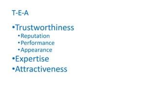 T-E-A
•Trustworthiness
•Reputation
•Performance
•Appearance
•Expertise
•Attractiveness
 