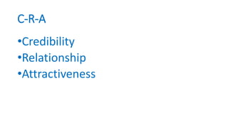 C-R-A
•Credibility
•Relationship
•Attractiveness
 