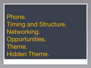Phone.
Timing and Structure.
Networking.
Opportunities.
Theme.
Hidden Theme.
                        2
 